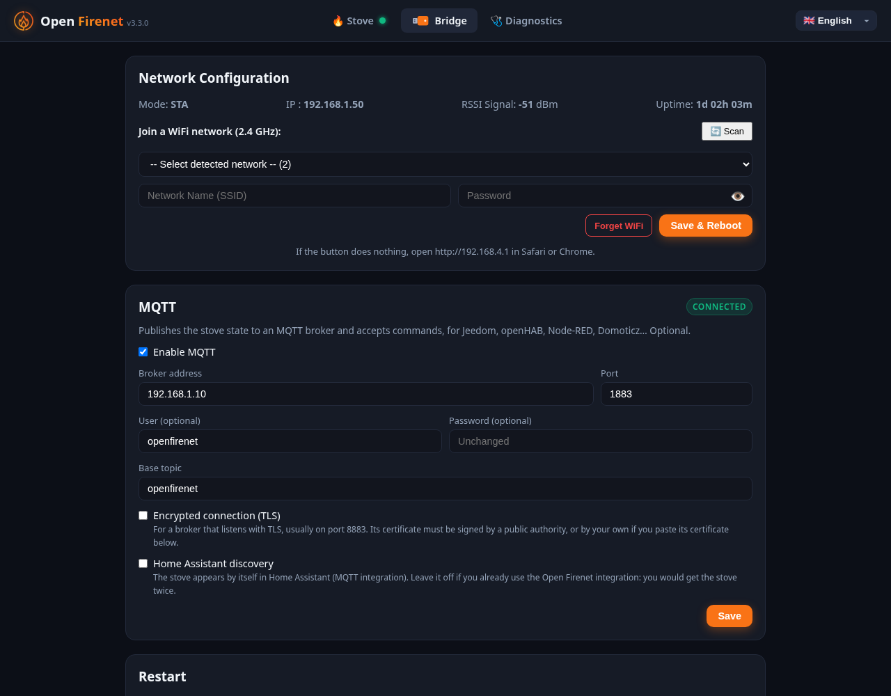 Bridge tab: Wi-Fi, MQTT and restart