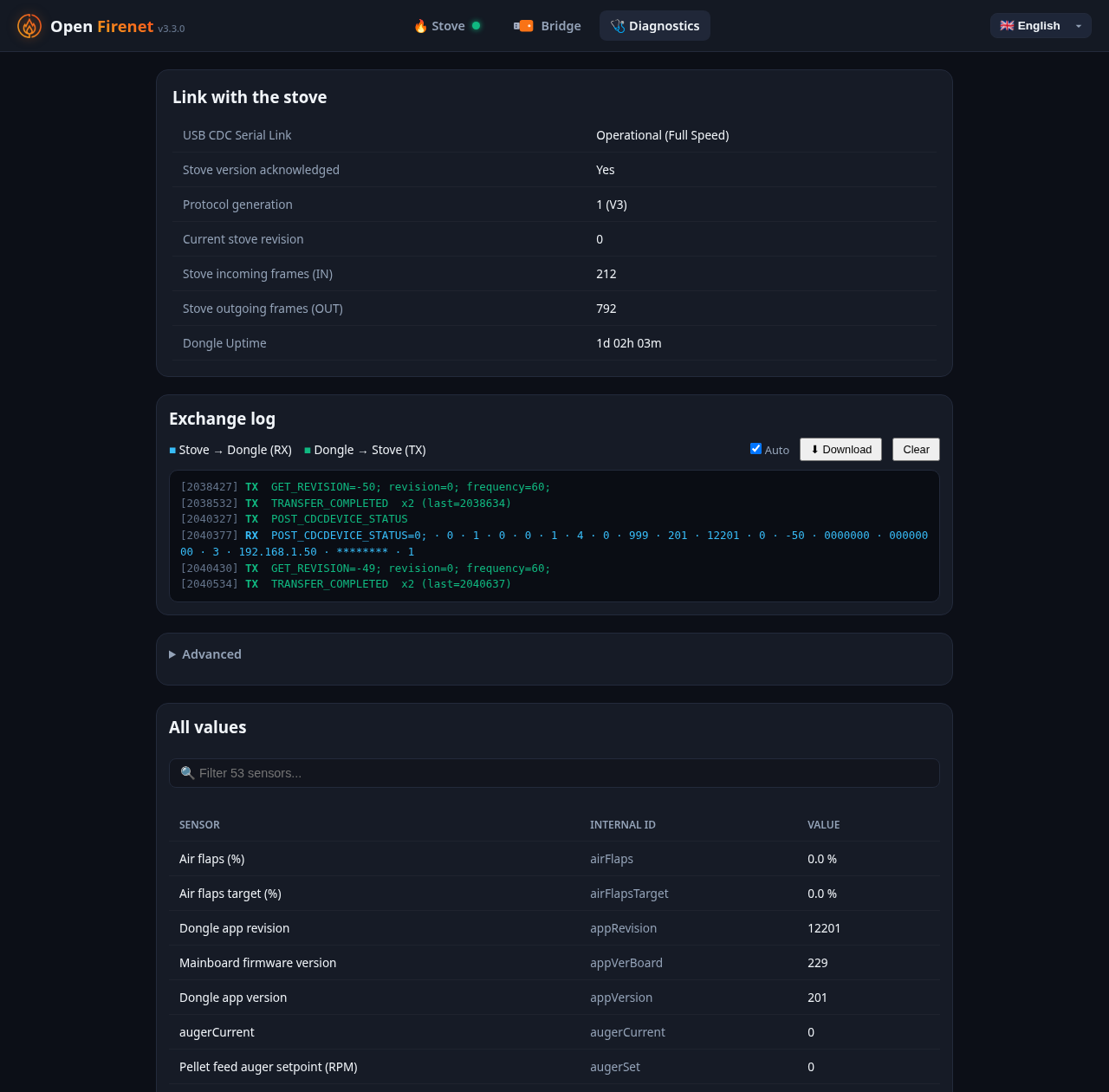 Diagnostics tab: link with the stove, exchange log and all values